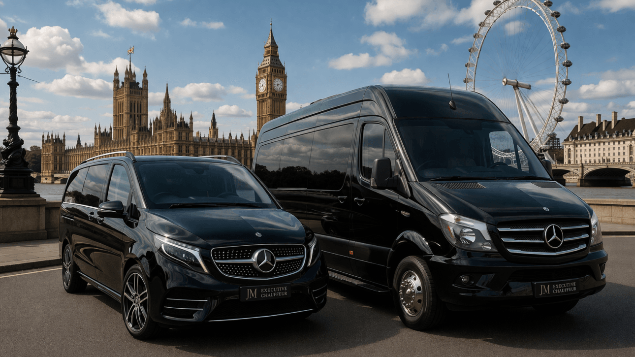 Luxury chauffeur service in London with Mercedes V-Class and Sprinter near Big Ben and London Eye