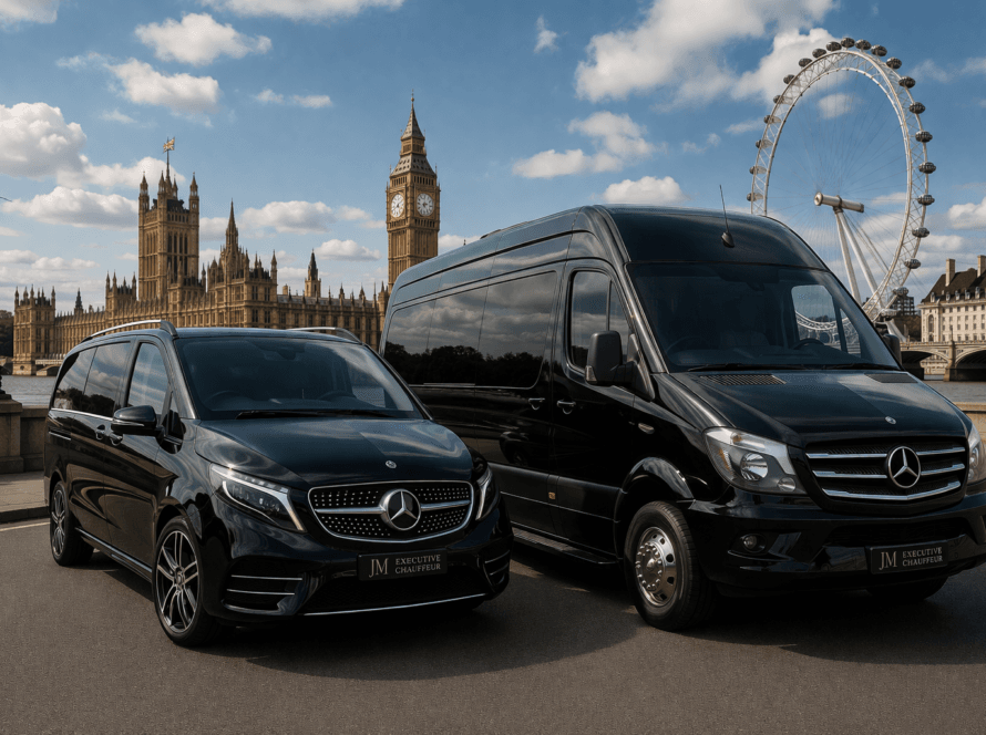 Luxury chauffeur service in London with Mercedes V-Class and Sprinter near Big Ben and London Eye
