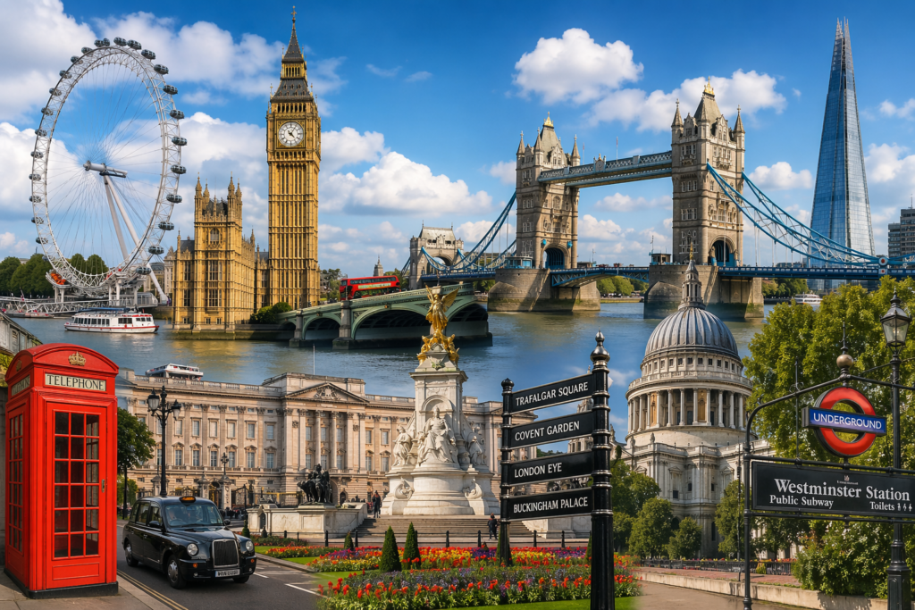 London landmarks collage including Big Ben, Tower Bridge, London Eye and Buckingham Palace for private chauffeur tours