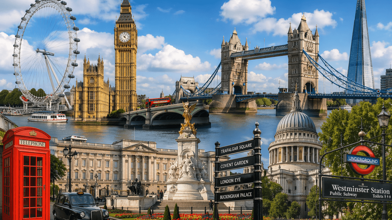London landmarks collage including Big Ben, Tower Bridge, London Eye and Buckingham Palace for private chauffeur tours