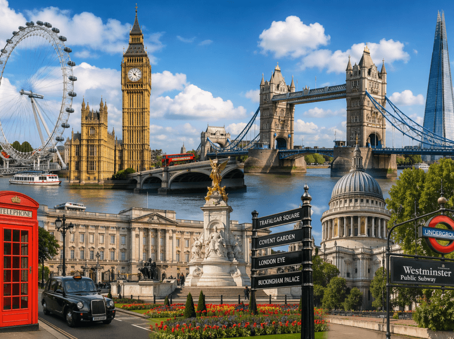 London landmarks collage including Big Ben, Tower Bridge, London Eye and Buckingham Palace for private chauffeur tours