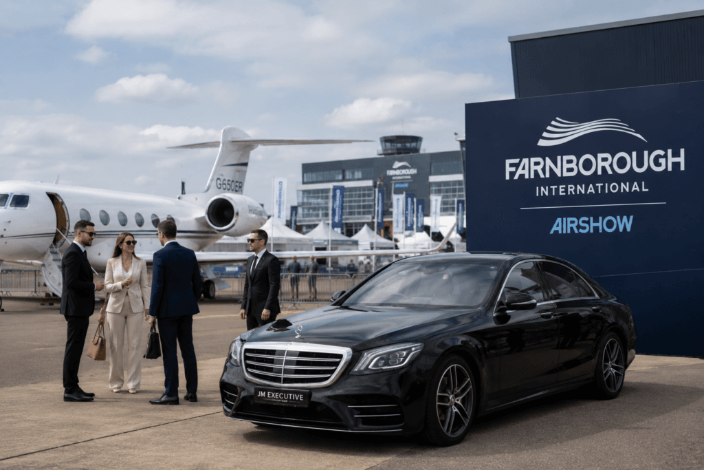 Mercedes S-Class chauffeur service at Farnborough International Airshow with private jet and business travellers