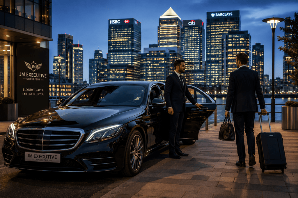 Luxury chauffeur service in Canary Wharf with Mercedes S-Class by JM Executive Chauffeur