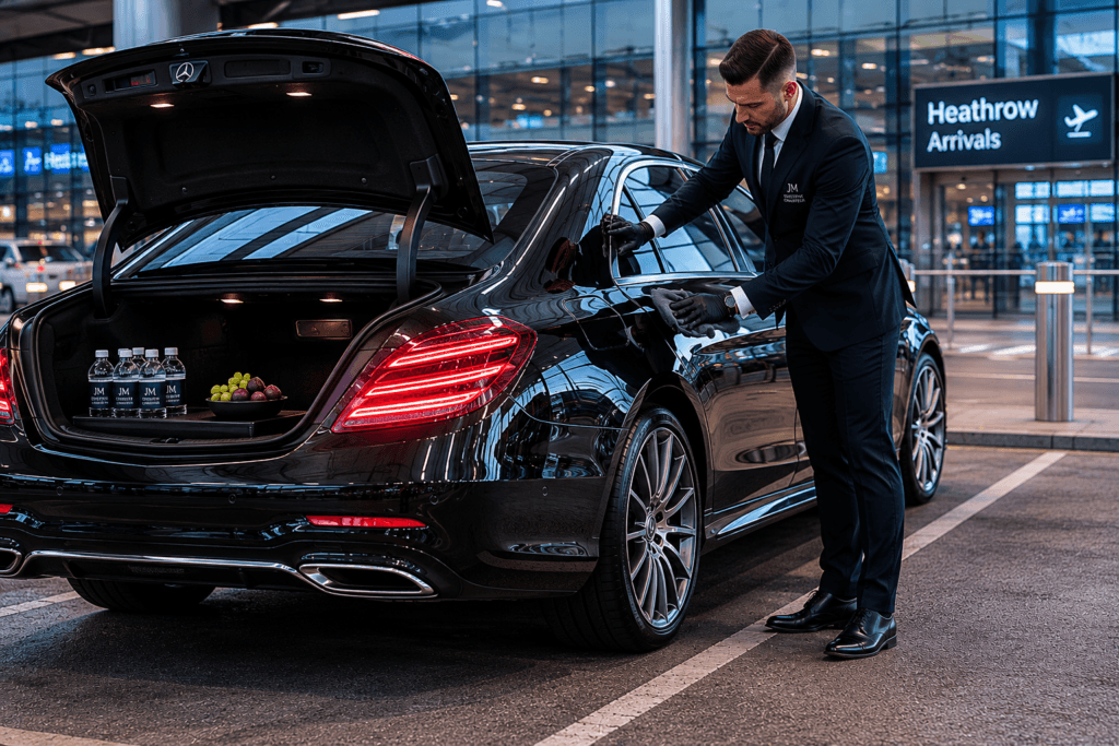 Professional chauffeur preparing a luxury Mercedes vehicle before a Heathrow Airport transfer