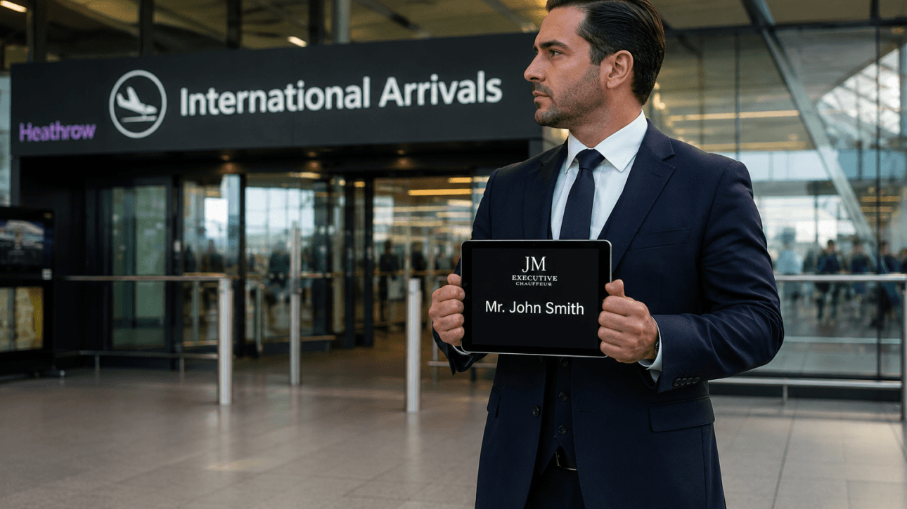 Professional chauffeur waiting at Heathrow Airport arrivals terminal holding a digital name board for an arriving passenger.