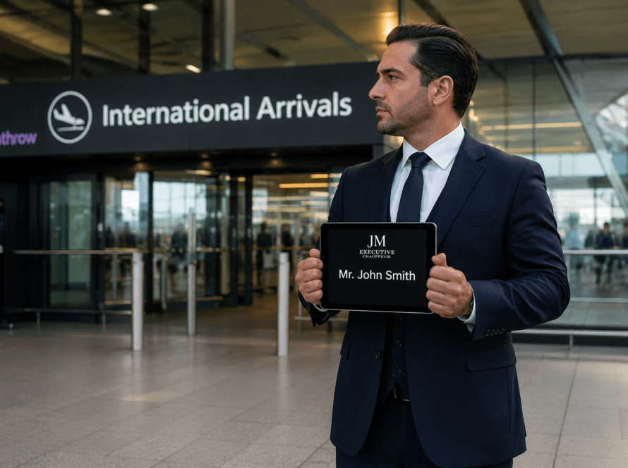 Professional chauffeur waiting at Heathrow Airport arrivals terminal holding a digital name board for an arriving passenger.