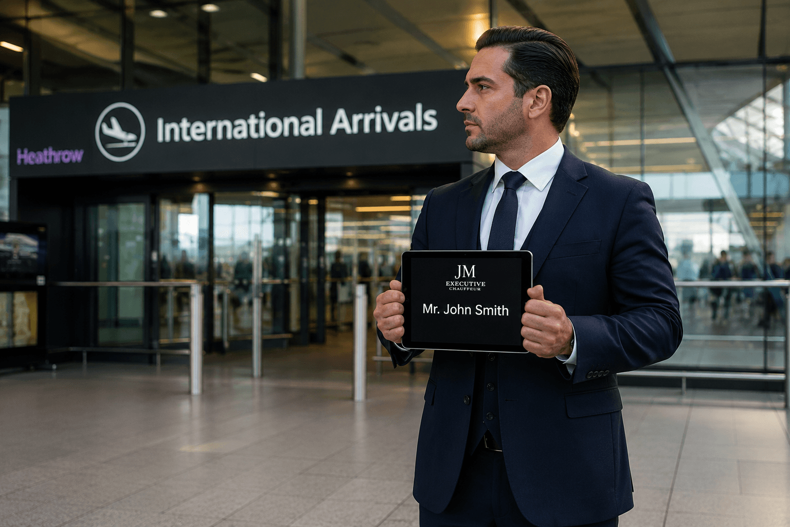 Professional chauffeur waiting at Heathrow Airport arrivals terminal holding a digital name board for an arriving passenger.