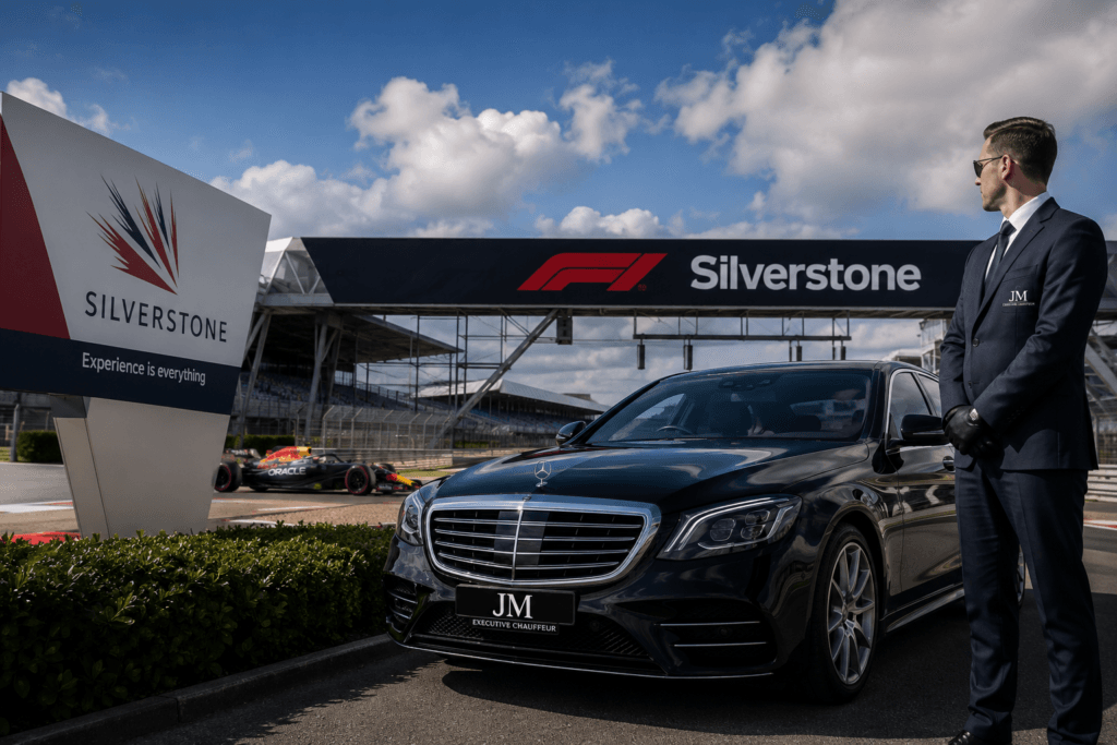Professional chauffeur service at Silverstone Formula 1 Circuit. A luxury black Mercedes-Benz S-Class with JM Executive Chauffeur branding is parked near the iconic Silverstone entrance. A smartly dressed chauffeur stands beside the vehicle, ready to welcome VIP guests, while a Formula 1 car speeds around the circuit in the background. The image captures the excitement of race weekend combined with premium executive transportation.