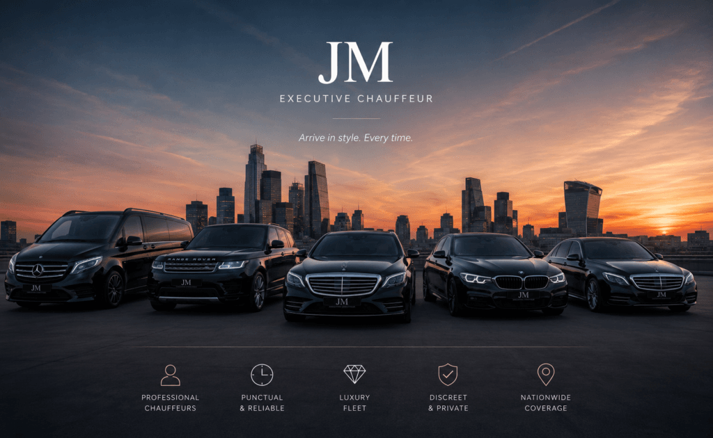 Luxury chauffeur fleet from JM Executive Chauffeur featuring Mercedes-Benz V-Class, Mercedes-Benz S-Class, Mercedes-Benz E-Class and Range Rover. The executive vehicles are displayed against a stunning London skyline at sunset, showcasing premium transportation for airport transfers, corporate travel, VIP events and private chauffeur services throughout London and the UK.