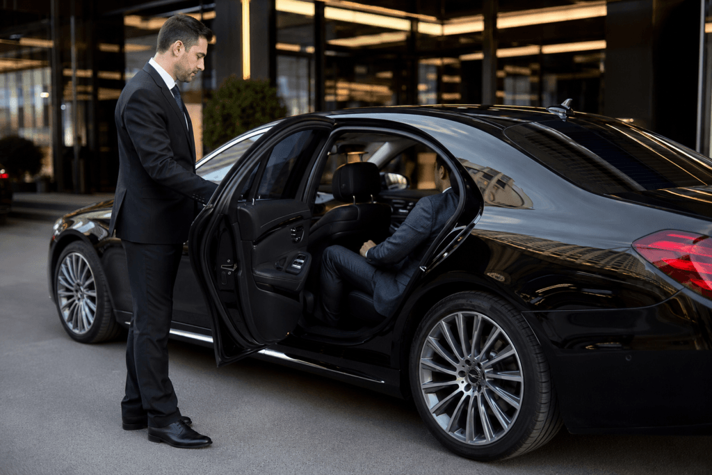 Professional London chauffeur assisting a client into a luxury Mercedes-Benz S-Class outside a premium hotel.
