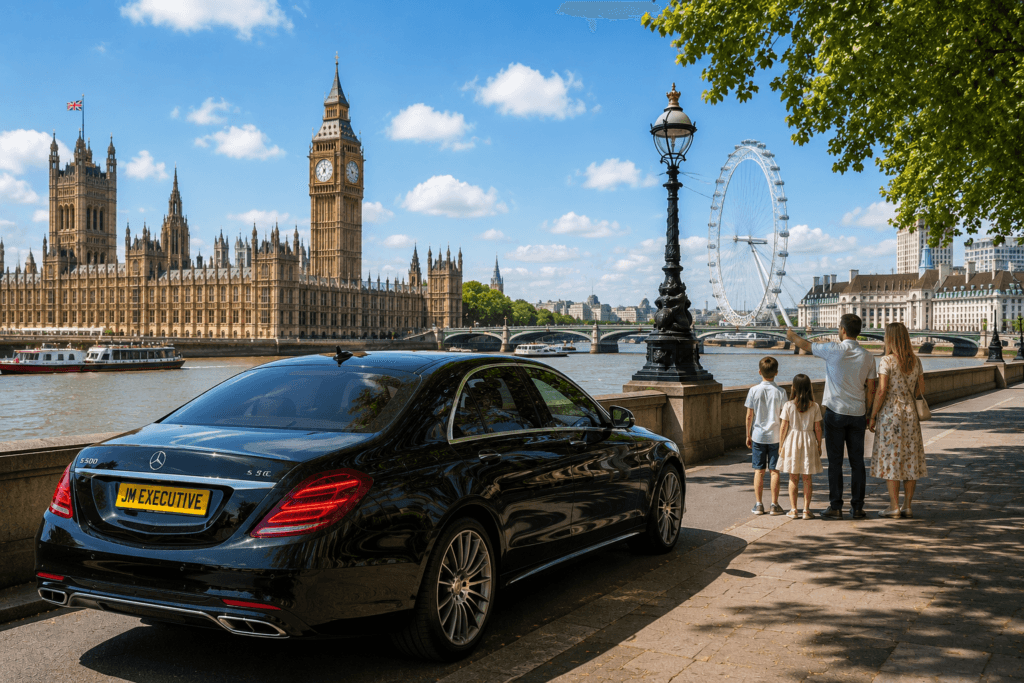 Family enjoying a private chauffeur sightseeing tour in London with Big Ben, the London Eye and a luxury Mercedes S-Class