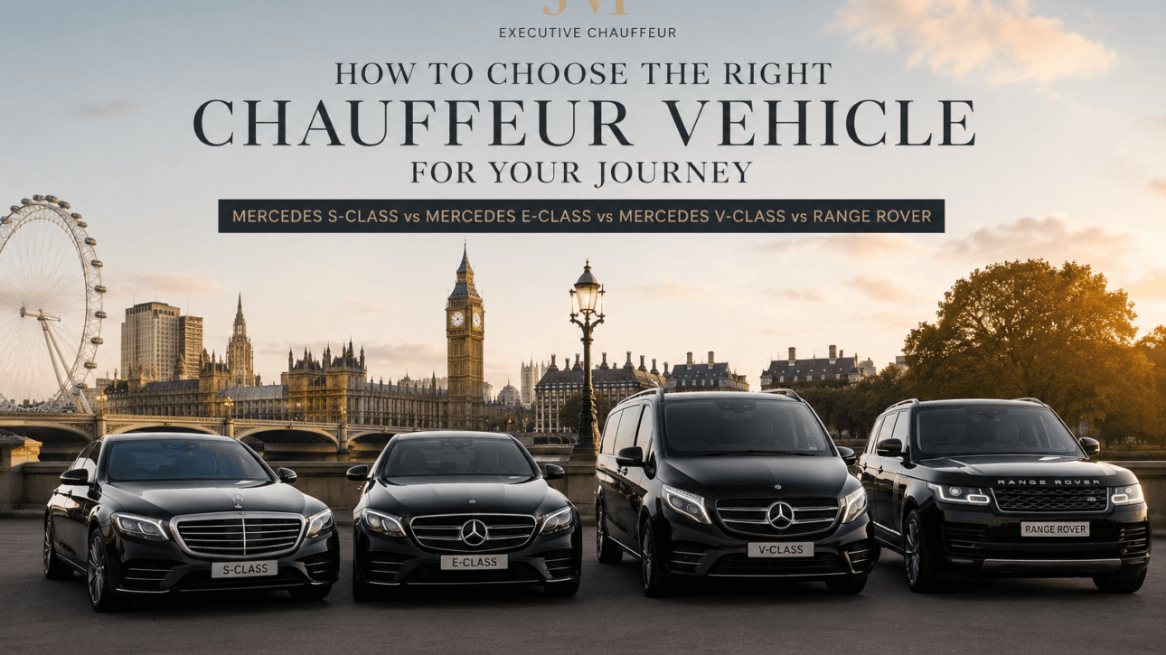 Luxury chauffeur vehicles in London – Mercedes S-Class, Mercedes E-Class, Mercedes V-Class and Range Rover by JM Executive Chauffeur.