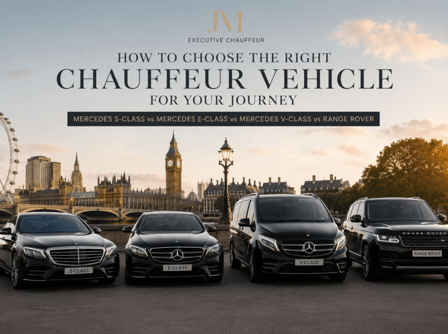 Luxury chauffeur vehicles in London – Mercedes S-Class, Mercedes E-Class, Mercedes V-Class and Range Rover by JM Executive Chauffeur.