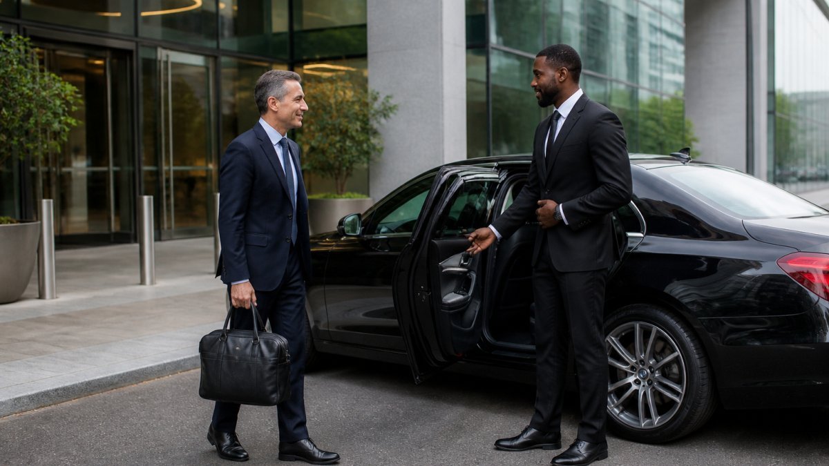 A chauffeur in a dark suit holding the rear passenger door open for a business executive outside a modern glass office building, a black Mercedes S-Class waiting at the kerb