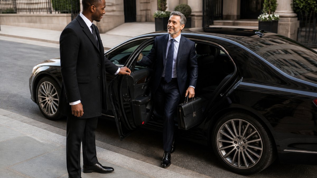 An impeccably dressed chauffeur holding a passenger door open beside a black executive saloon on a quiet city street, a business delegate stepping out with a briefcase in soft morning light