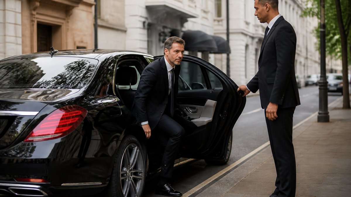 A chauffeur in a dark suit holding open the rear door of a black Mercedes S-Class on a quiet city street, with a well-dressed passenger stepping out