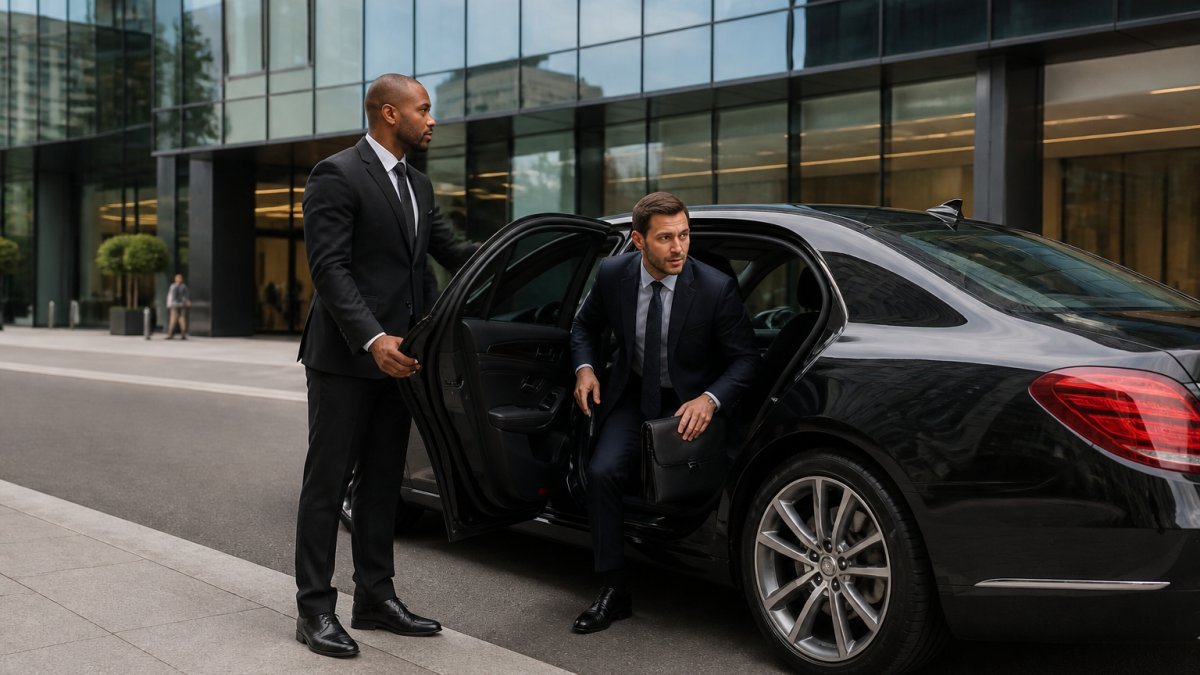 A well-dressed chauffeur holding the rear passenger door open for a business executive outside a modern glass office building, with a black Mercedes S-Class waiting at the kerb