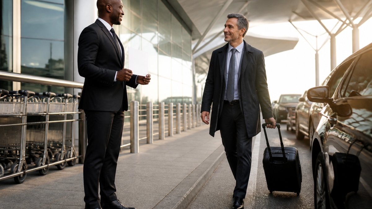 A smartly dressed chauffeur in a dark suit holding a printed name card in a bright airport arrivals hall, greeting a business traveller pulling a wheeled suitcase, soft morning light through terminal windows